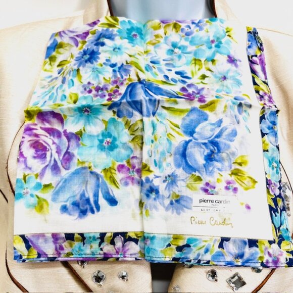 New Pierre Cardin  MiniScarf/Handkerchief Cotton 18" , White Purple Floral (82) - Picture 2 of 5